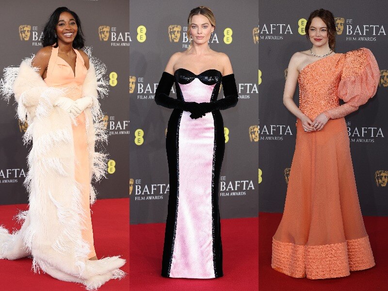 Three actresses standing on the red carpet in their gowns