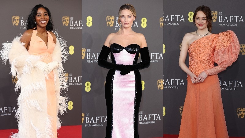 Three actresses standing on the red carpet in their gowns
