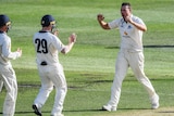 Jon Holland celebrates a wicket for Victoria in the Sheffield Shield.