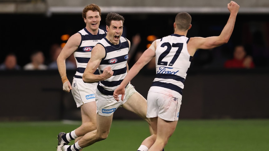 Jeremy Cameron celebrates a goal for Geelong