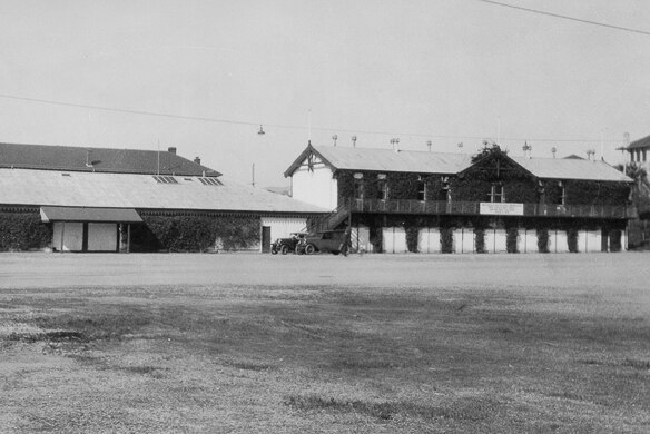 The original Drill Hall and storage shed in August 1935.