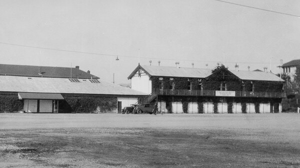 The original Drill Hall and storage shed in August 1935.