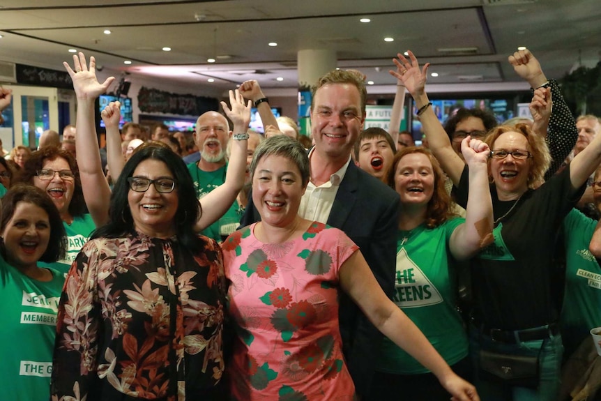 Greens senator Mehreen Faruqi, Jenny Leong and Jamie Parker