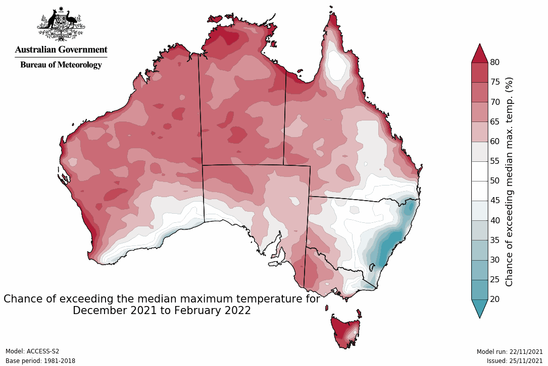 Map of Australia majority red but strips of blue along the southern and east coast