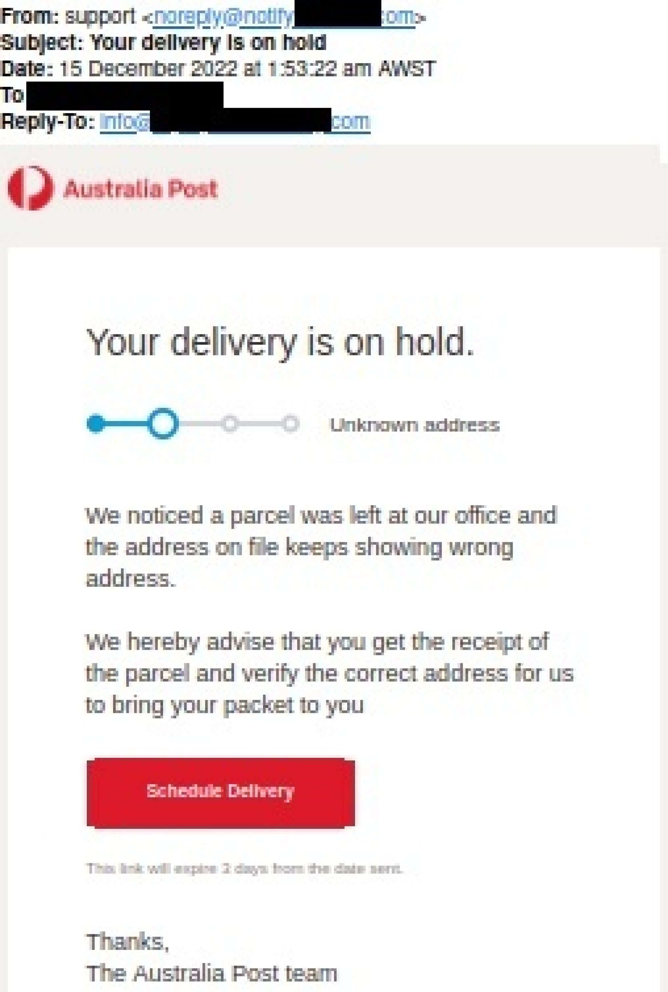 A screenshot of an email that reads "your delivery is on hold" with an Australia Post logo and a "schedule delivery" prompt