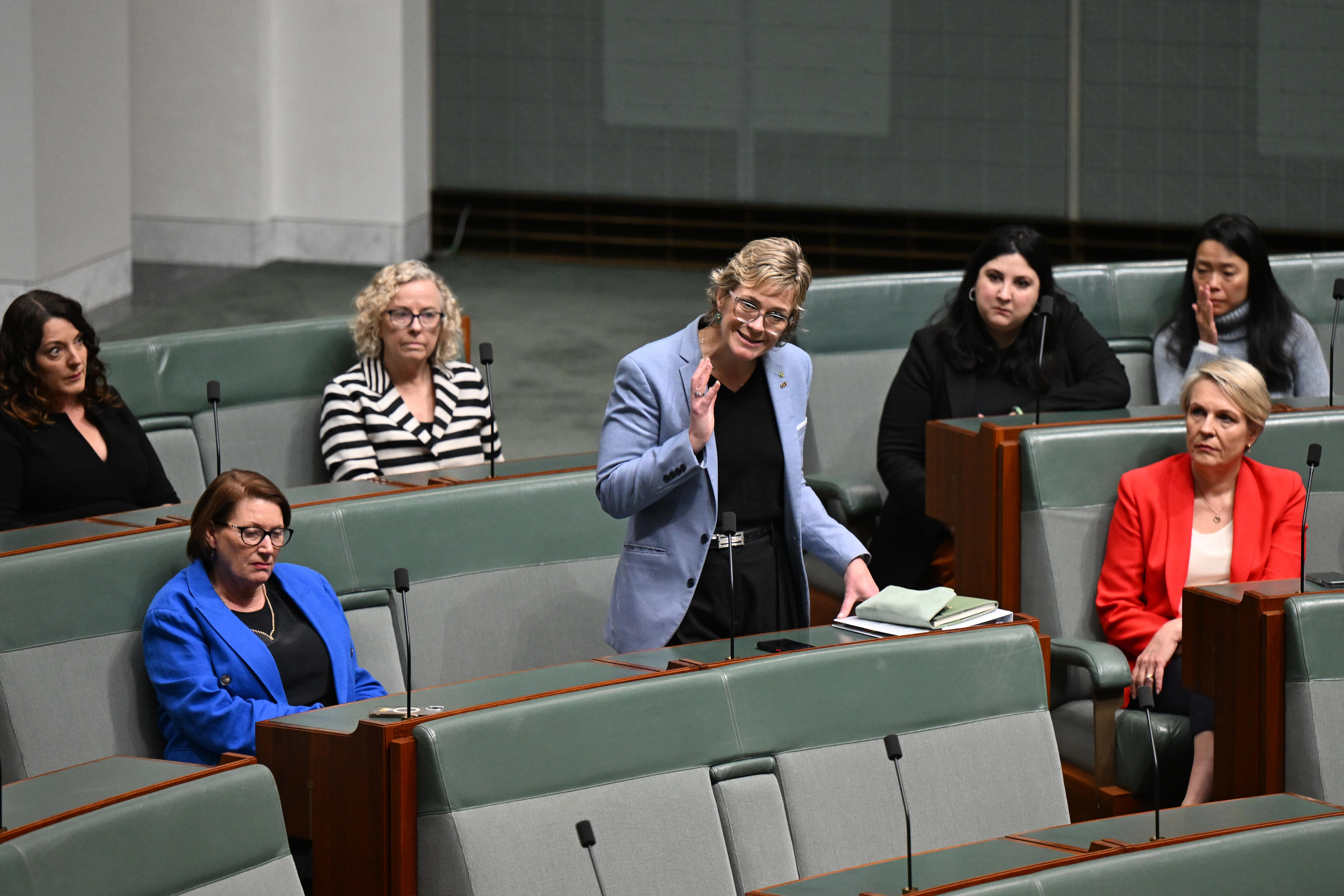 Zali Steggall speaks in the House of Representatives surrounded by Labor women