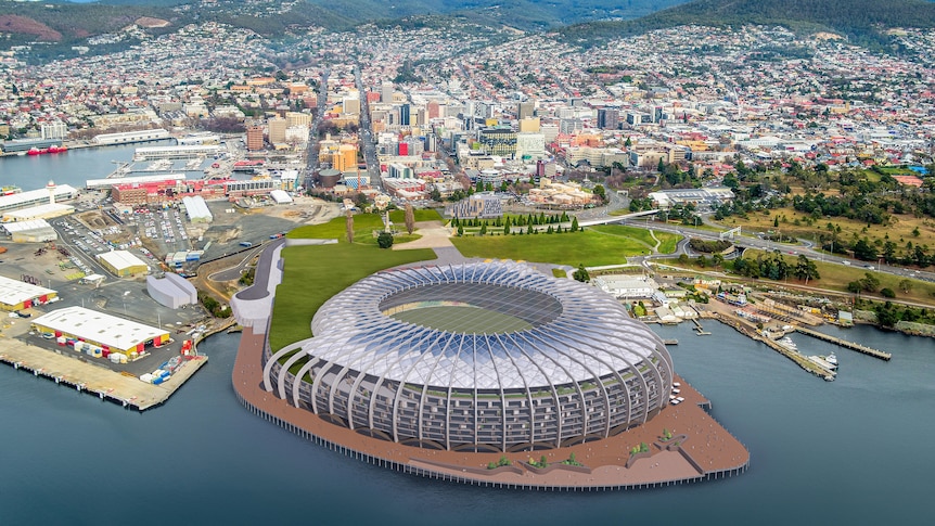 An artist's impression of a round silver stadium jutting into the water, surrounded by green space, with Hobart city behind.