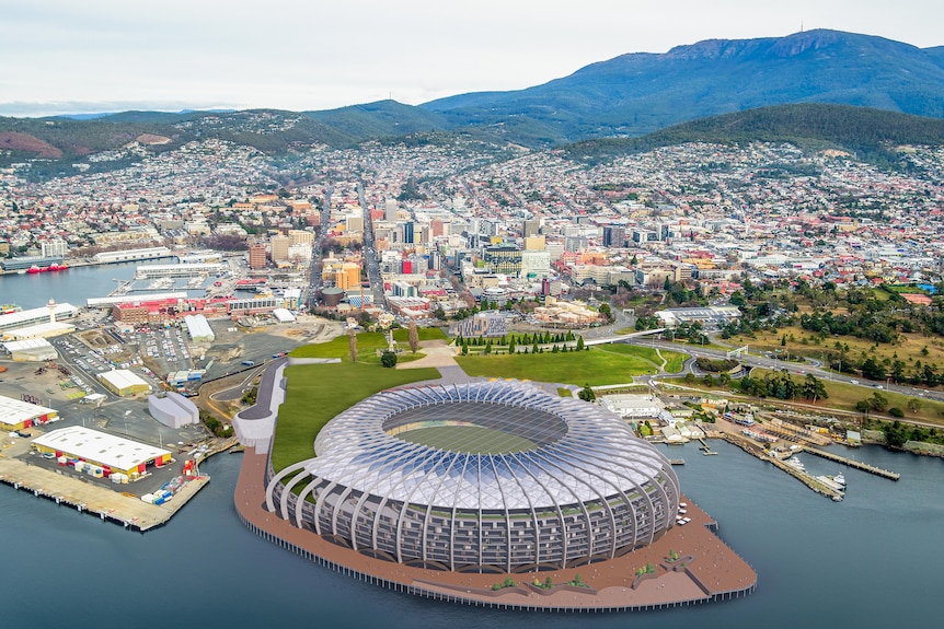 An artist's impression of a round silver stadium jutting into the water, surrounded by green space, with Hobart city behind.