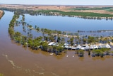 A birds eye view of brown flood water, with a line of shack roofs alongside a line of trees 