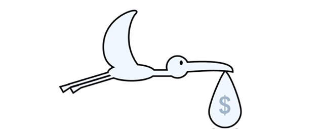 Illustration of a stork carrying a bag of money