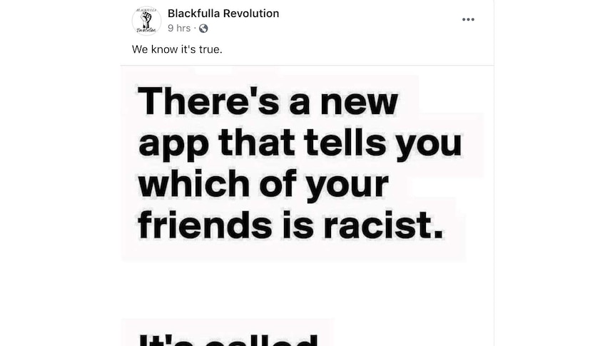 A Facebook post that says "There's a new app that tells you which of your friends are racist. It's called Facebook."