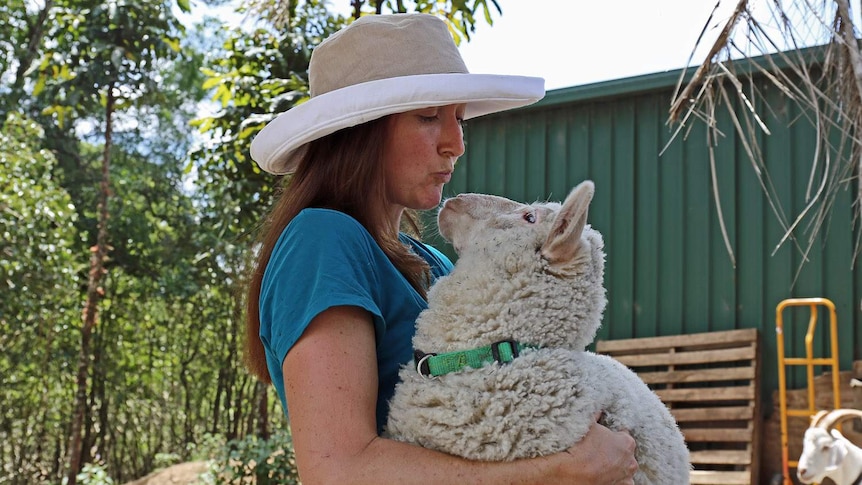 Sugarshine FARM co-owner Kelly Nelder holding a sheep