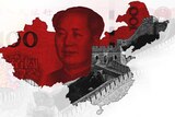 A graphic image of a 100 yuan RMB note behind the Great wall of China and the outline of Mainland China.