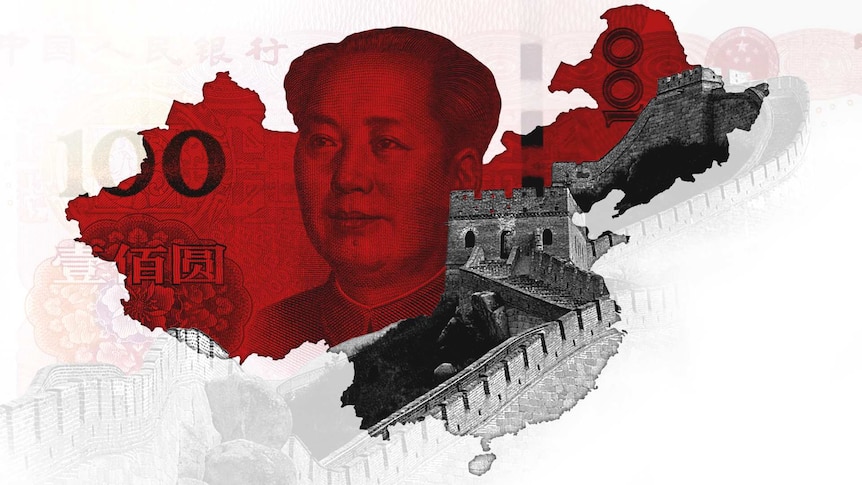 A graphic image of a 100 yuan RMB note behind the Great wall of China and the outline of Mainland China.