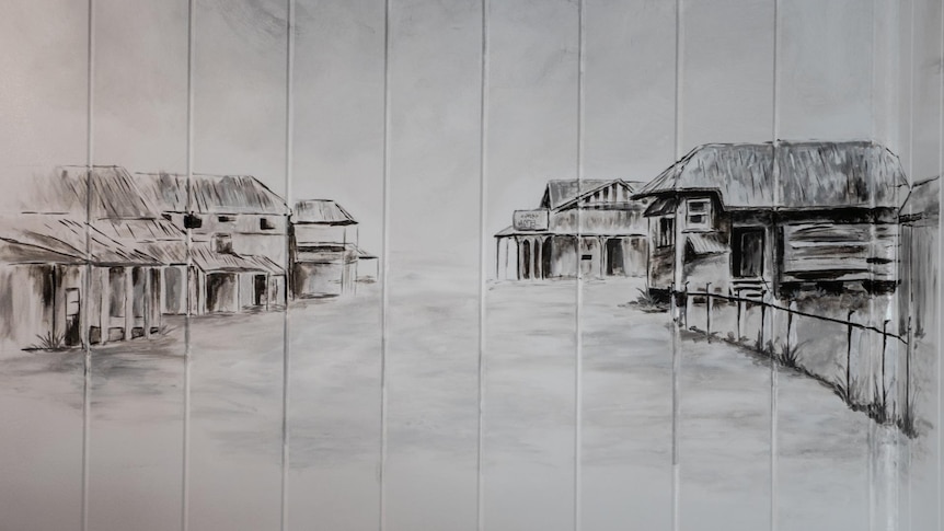 Black and white painting of colonial buildings in country town