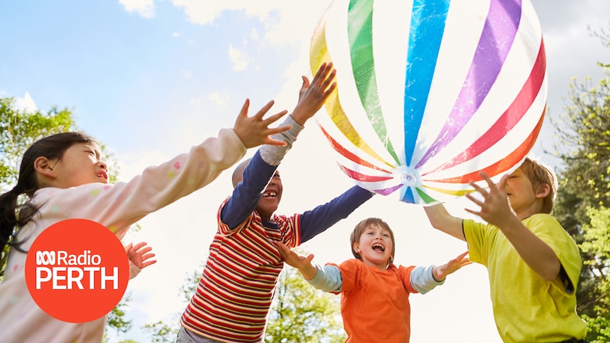 children putting hand in air to catch colourful stripey ball. ABC Radio Perth logo