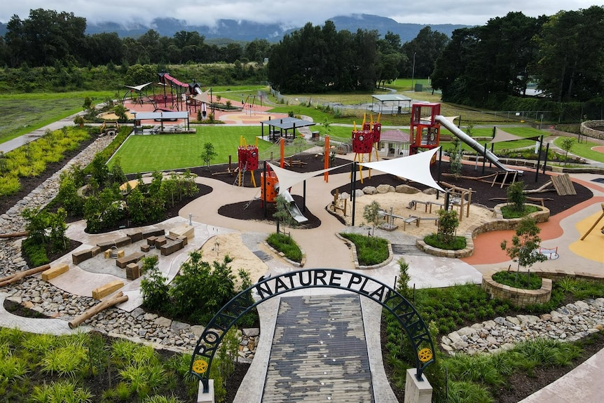 An aerial view of a large modern looking children's play area.
