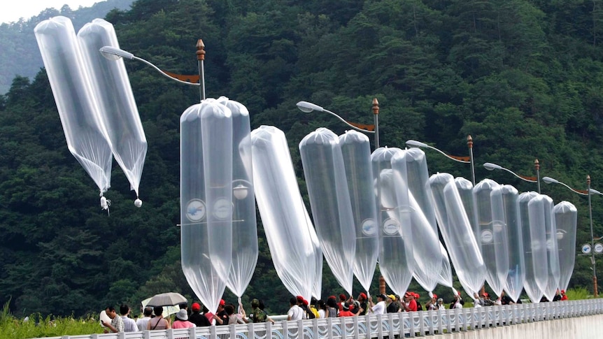 South Korean conservative activists launch large cylinder shaped balloons into the air.