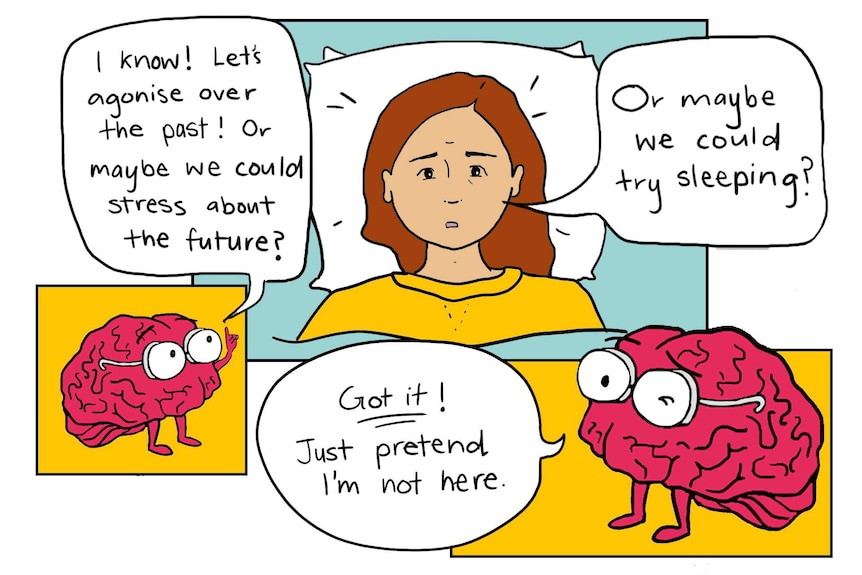 Illustration shows brain speaking to woman trying to sleep, haunting her with past thoughts