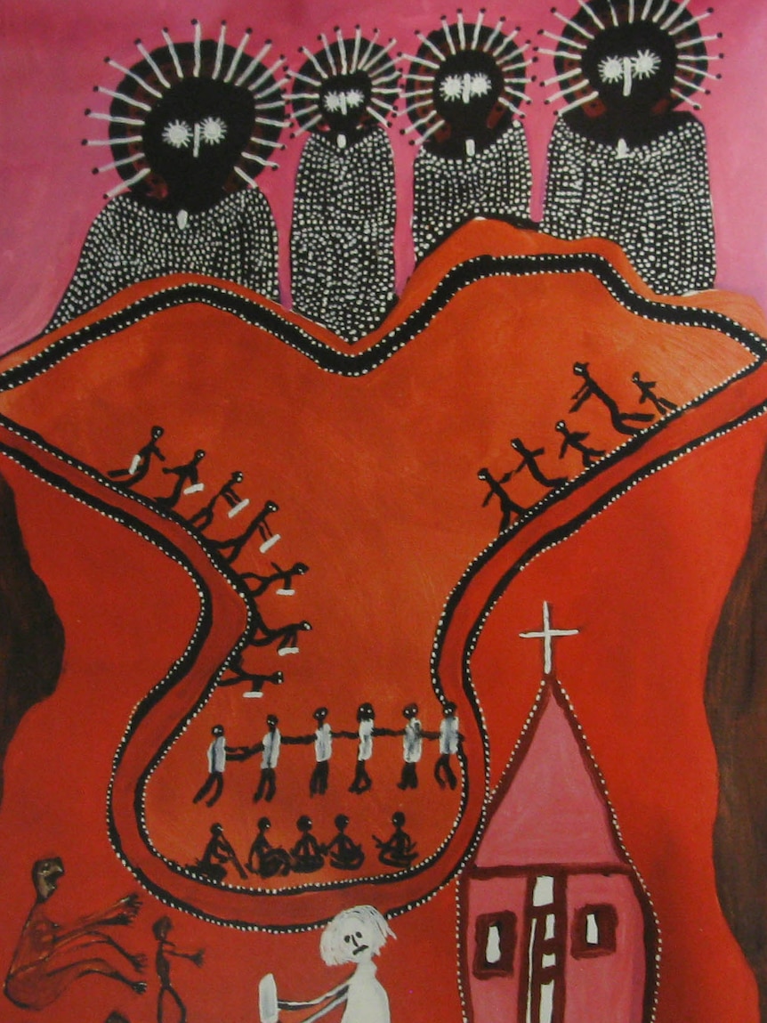 The painting depicts the Indigenous spirit figure of the Wandjina above people attending the White man's (Christian) church.