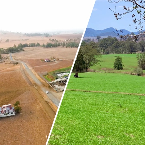 A composite image of a farm before and after rainfall.