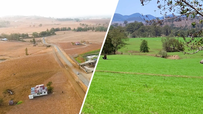 A composite image of a farm before and after rainfall.