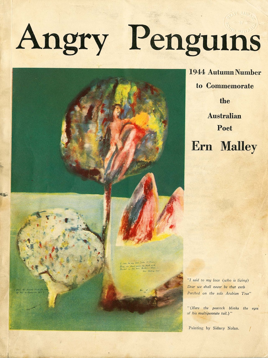 Cover of journal titled 'Angry Penguins', subtitled '1944 Autumn number to commemorate the Australian poet Ern Malley'