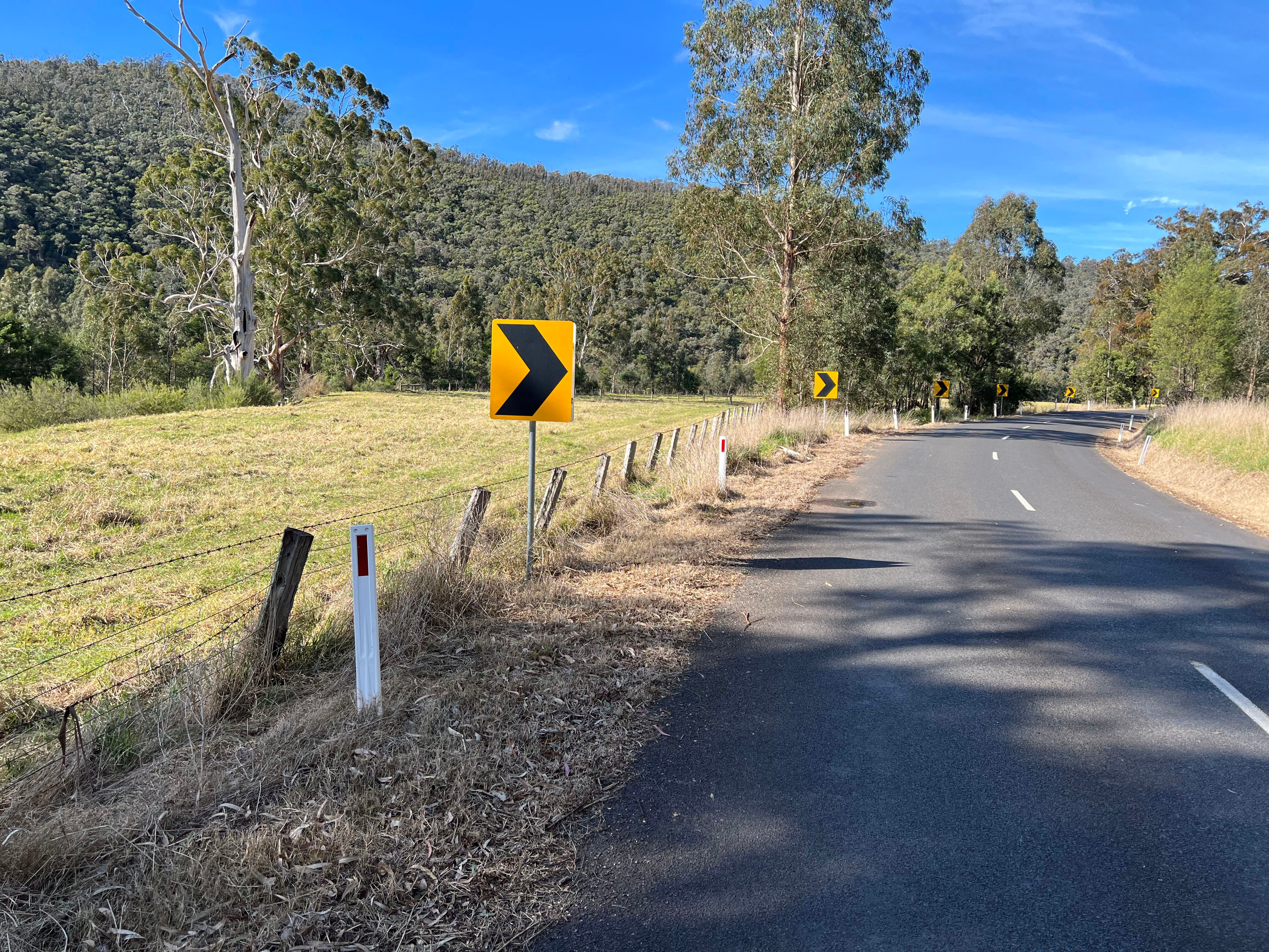 A barbed wire farm fence runs alongside the narrow Licola Road.