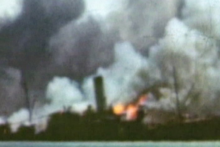 The USS Peary foundering after the Japanese attack