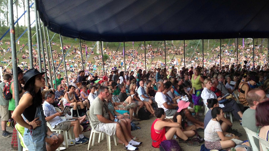 A large crowd watches an act at the Woodford Folk Festival, north-west of Brisbane, on December 30, 2014.