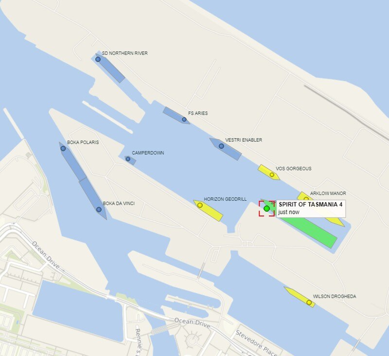 A map of a port showing the position of vessels.