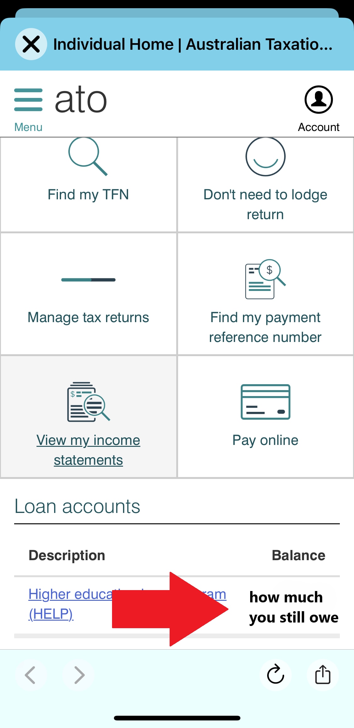 A screenshot of the ATO section in the MyGov app, with a red arrow pointing to a HECS debt
