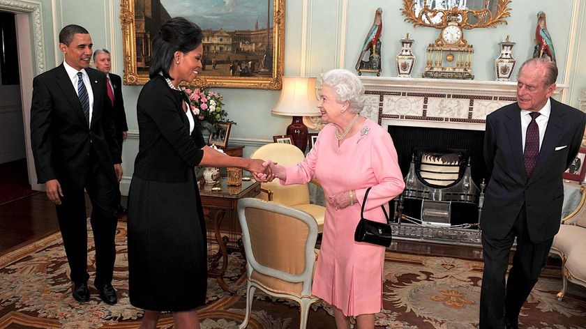 US President Barack Obama and wife Michelle meet Queen Elizabeth II and Prince Philip, the Duke of Edinburgh, during an audience at Buckingham Palace.