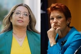 A composite of Mehreen Faruqi in a yellow shirt and green blazer next to Pauline Hanson with a finger near her mouth in bluel