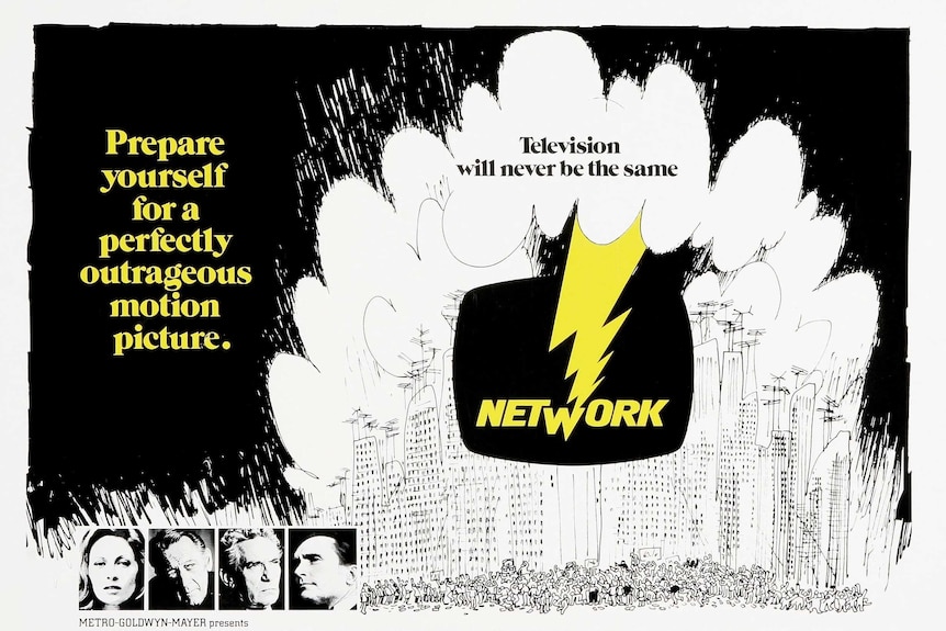 The poster for Network with the subtitle 'prepare yourself for a perfectly outrageous motion picture'.