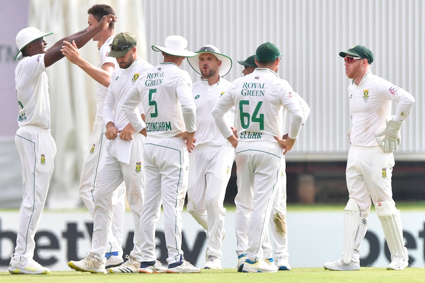 South African players celebrate an Indian wicket during the Boxing Day Test in Pretoria.