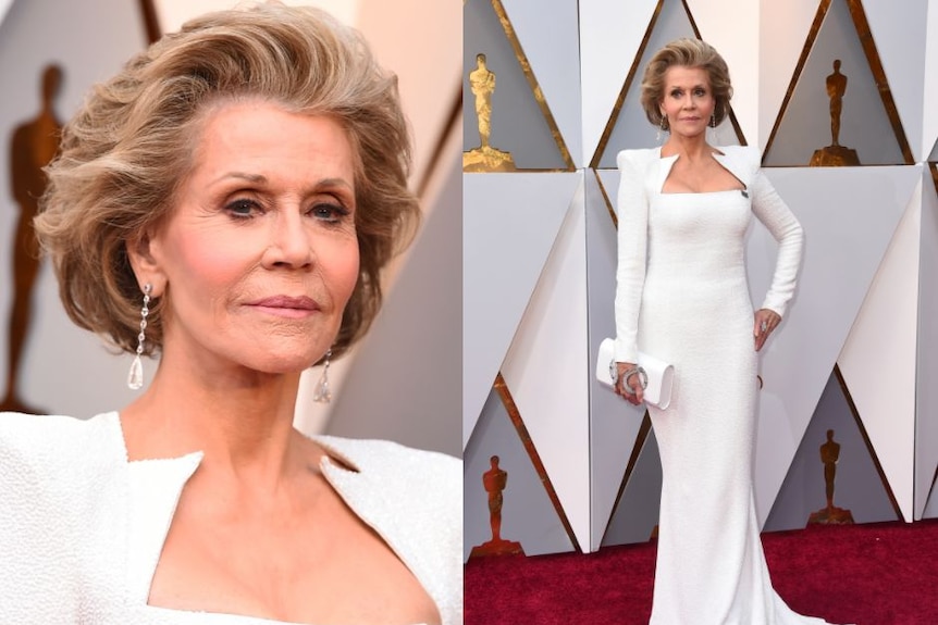 Jane Fonda arrives at the Oscars in white.