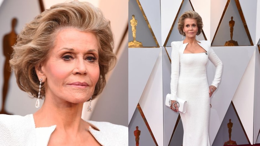 Jane Fonda arrives at the Oscars in white.