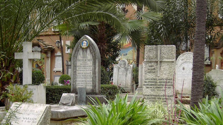 From a low angle, you look through a lush green cemetery with old headstones in the shape of crosses and arches.