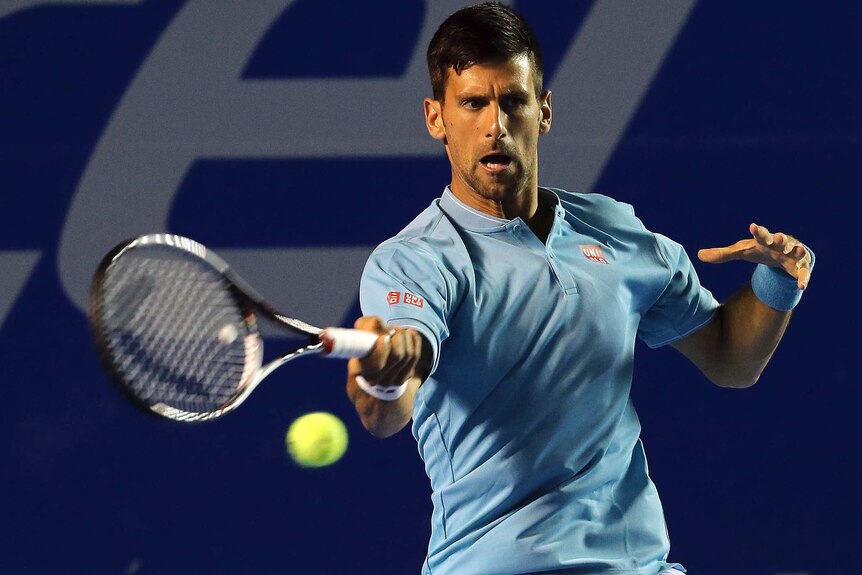 Novak Djokovic hits a forehand against Nick Kyrgios at the Mexico Open in Acapulco