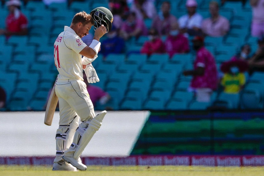David Warner takes his helmet off as he walks off the field after getting out in the third Test between Australia and India.