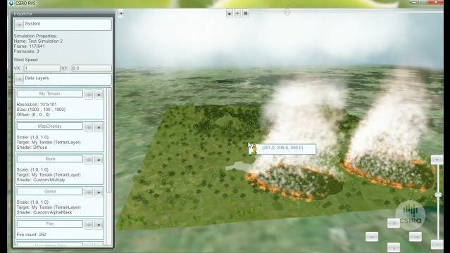 A computer screen shows a simulation of a bushfire on a landscape