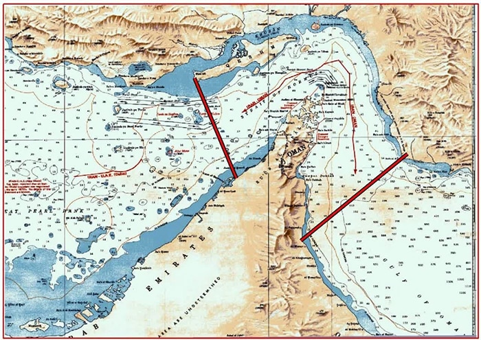 Un mapa esbozado de la región con nuevas líneas rojas que muestran la interpretación de Irán. 