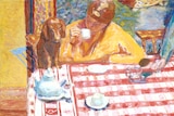 Oil painting showing a woman sitting at a table drinking coffee, with a dachshund beside her.