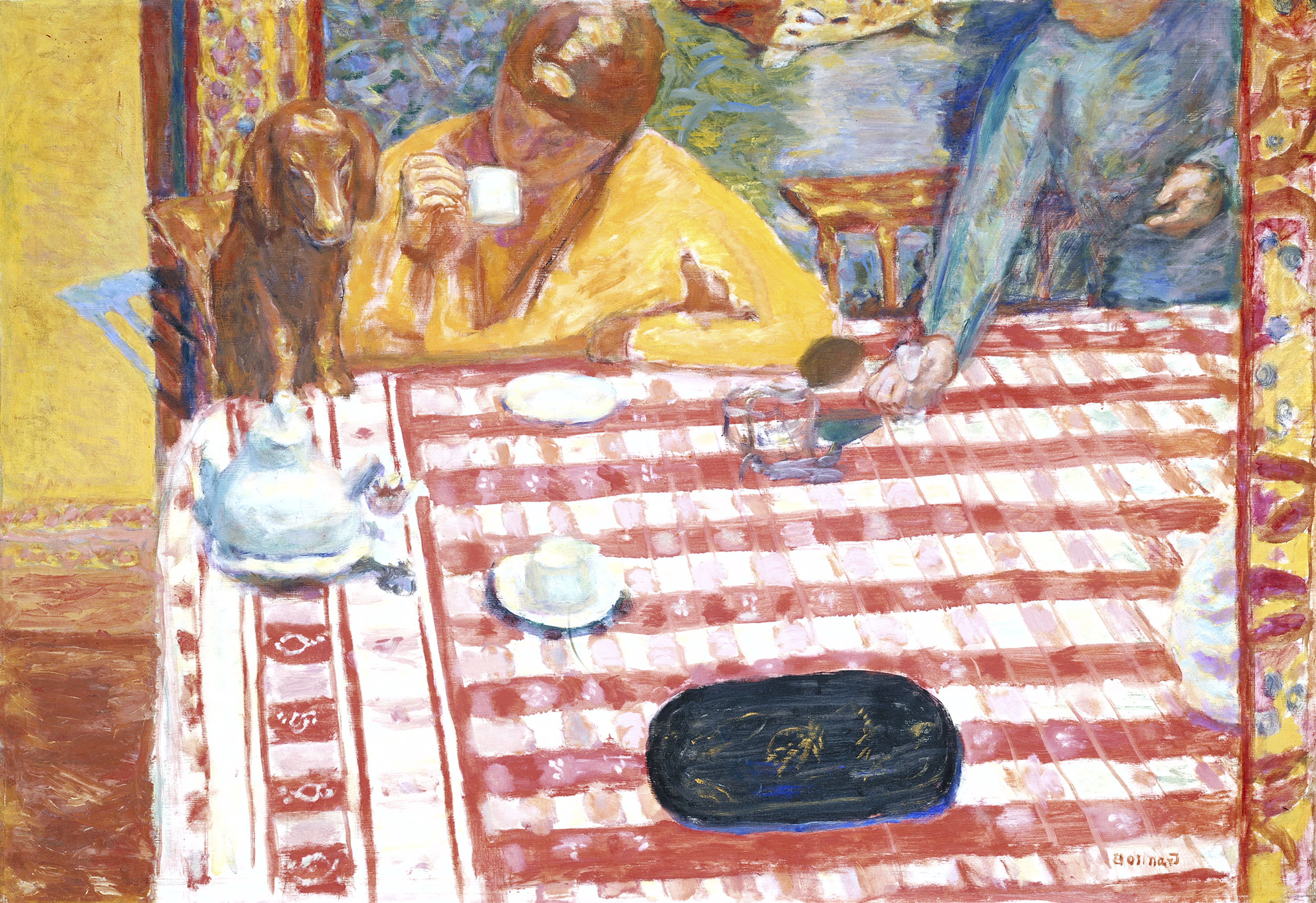 Oil painting showing a woman sitting at a table drinking coffee, with a dachshund beside her.