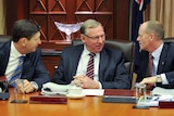 Mr Newman (left) talks to Mr Seeney (centre) and Mr Springborg during the first cabinet meeting.