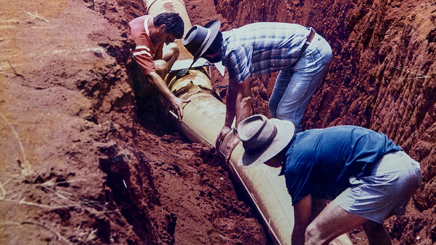 A gas pipeline is repaired after the 1988 Tennant Creek earthquake.