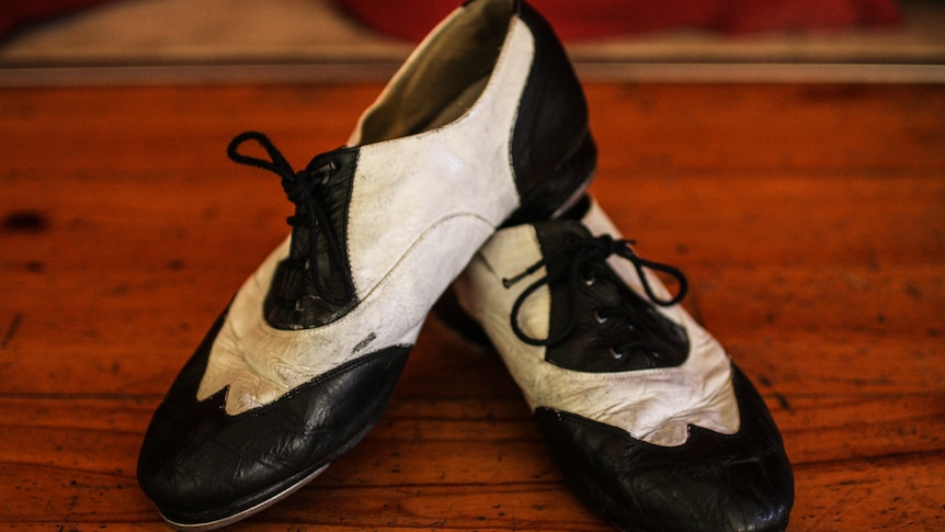 A close-up of David Watson's tap dancing shoes.