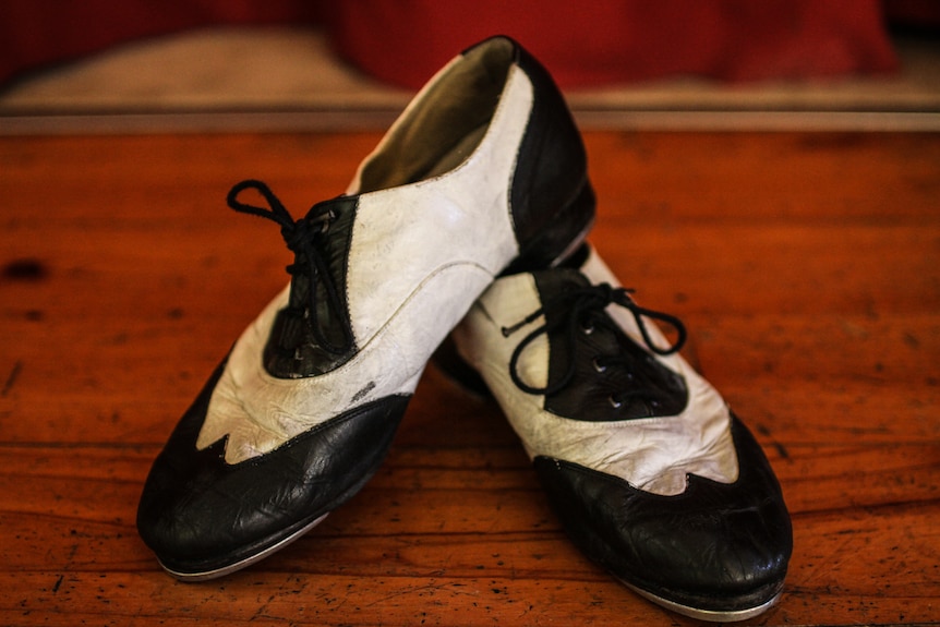 A close-up of David Watson's tap dancing shoes.