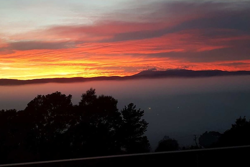 Fog over Launceston in 2019 as the sun rises, June 2019